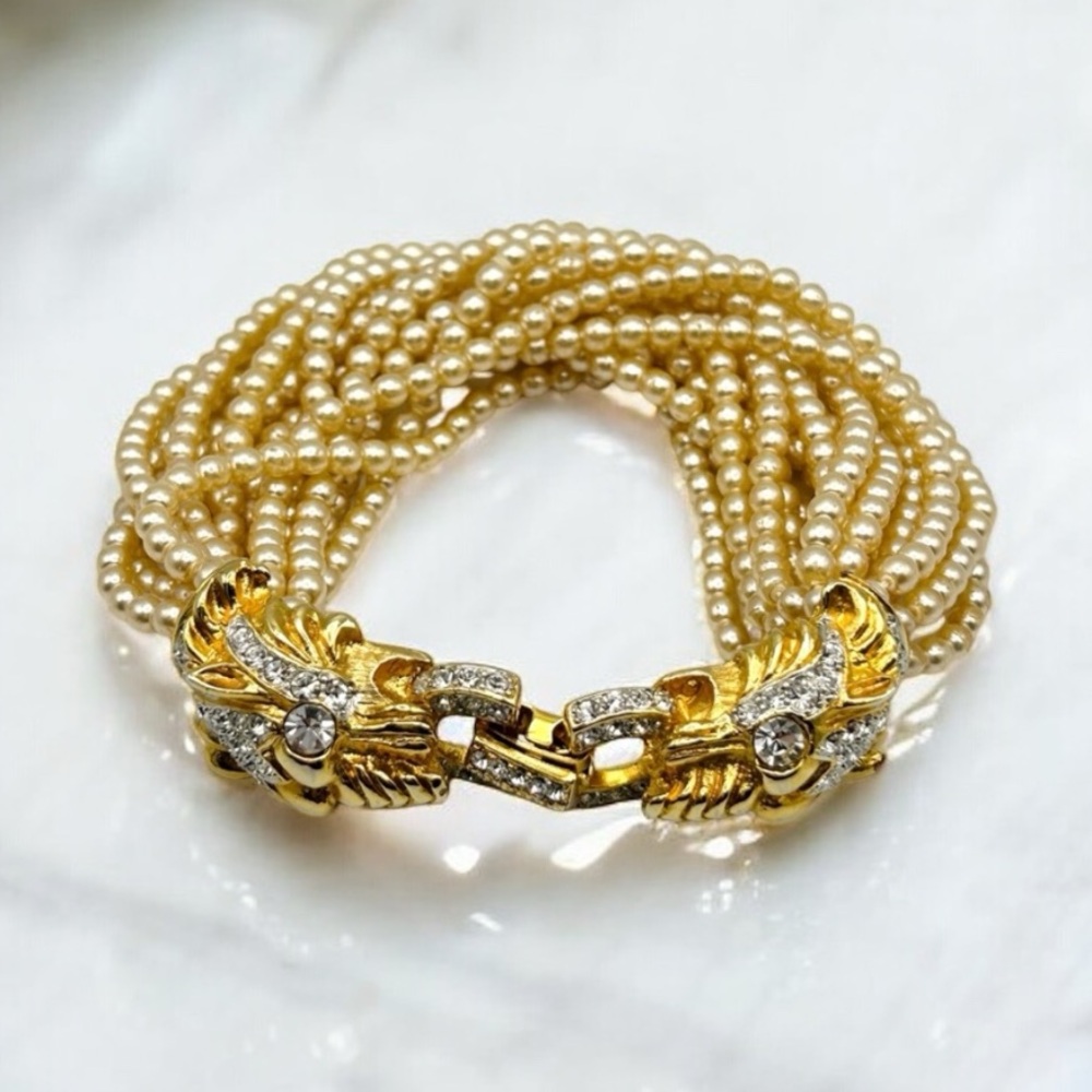 RARE 70s Vintage Kenneth Lane Panther Head Multi Strand Pearl Statement Bracelet